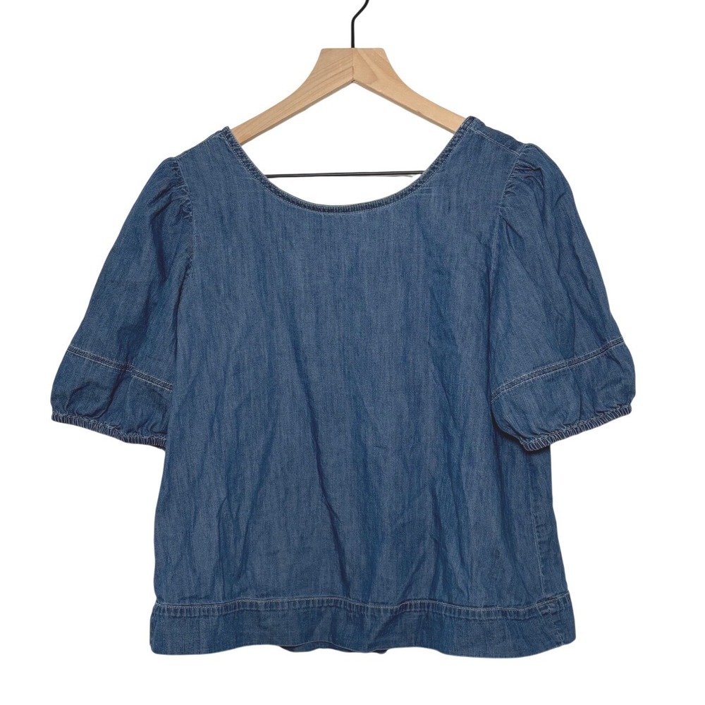LOFT Chambray Top Blue Denim Open Back Puff Sleeve Medium